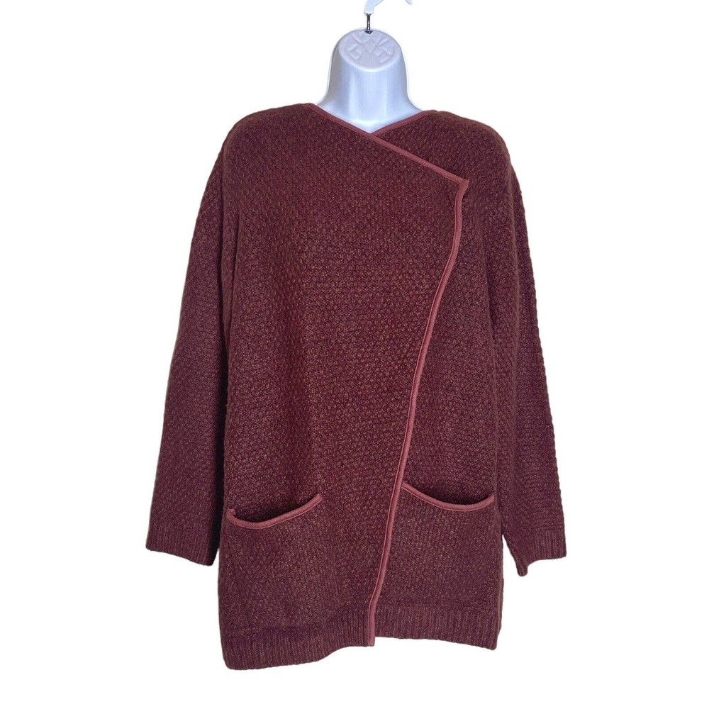 LOGO by Lori Goldstein Size Large Open Front Sweater Coat Suede Binding Redwood